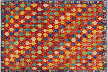 handmade Geometric Balouchi Orange Blue Hand Knotted RECTANGLE 100% WOOL area rug 5' x 7'